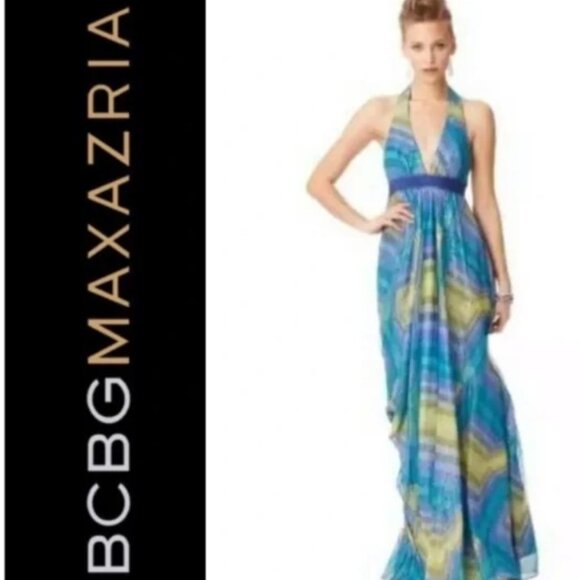 BCBG MaxAzria Printed Chiffon Halter Maxi Gown (8) - Picture 2 of 12